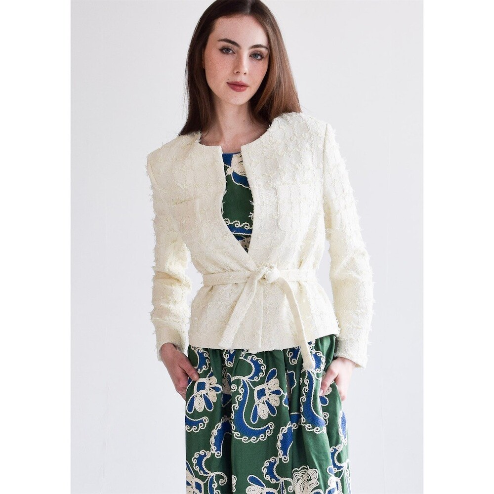 NWT Anthro Never A Wallflower Jacket Ivory Tweed Boucle Tie Waist Open Front, L